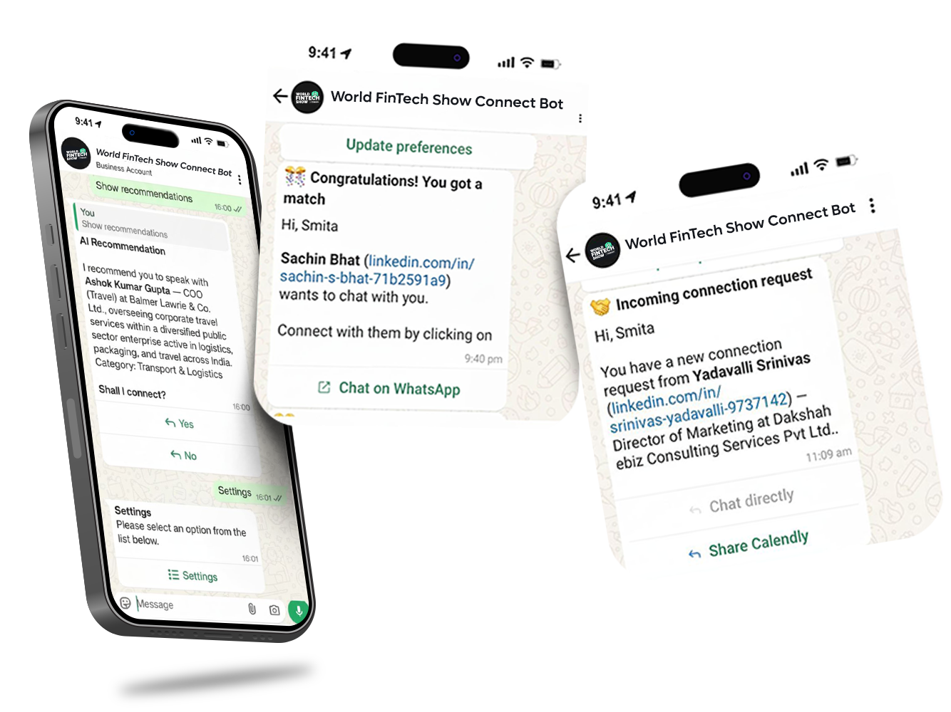 WhatsApp networking interface showing AI matchmaking